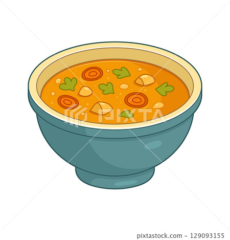 Cartoon bowl filled with vegetable soup, a comforting and nutritious meal. 129093155