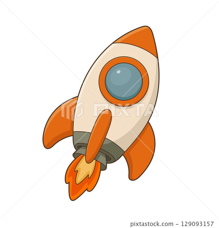 Illustration of a white and orange rocket with flames, isolated on white. 129093157