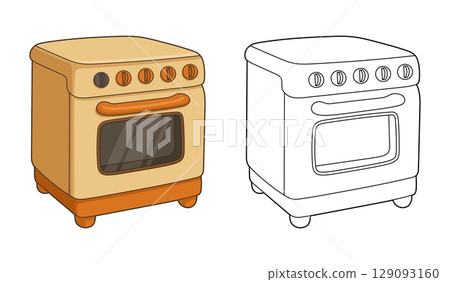 Cartoon oven in color and line art, showcasing a cooking appliance design. 129093160