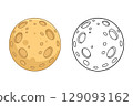 Illustration of moon in color and black outline showing the cratered surface. 129093162
