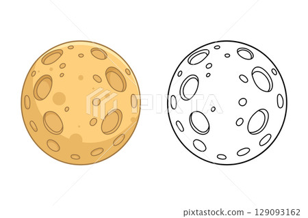 Illustration of moon in color and black outline showing the cratered surface. 129093162
