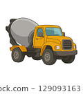 Cartoon illustration of a yellow cement truck with a grey mixing drum. 129093163