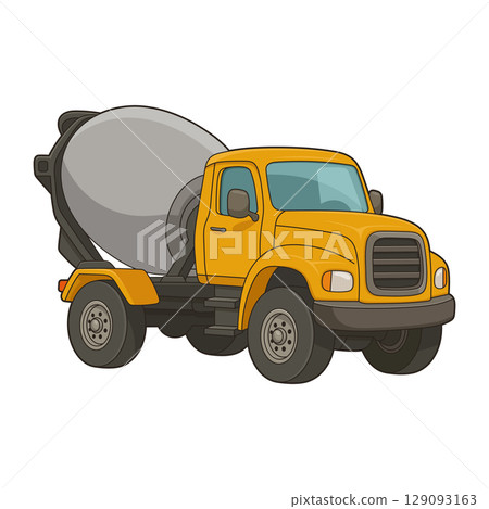 Cartoon illustration of a yellow cement truck with a grey mixing drum. 129093163