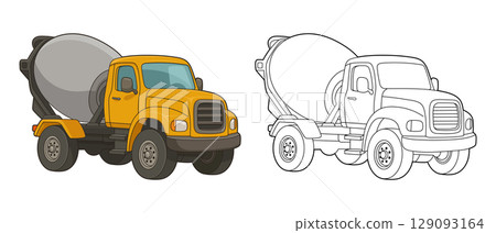 Cement Mixer Truck Cartoon Illustration with Color and Outline Versions 129093164