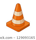 Illustration of an orange and white striped traffic safety cone on white 129093165