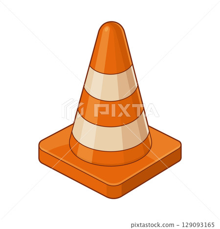 Illustration of an orange and white striped traffic safety cone on white 129093165