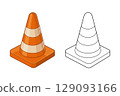 Orange traffic cone with stripes, alongside a line art cone illustration 129093166