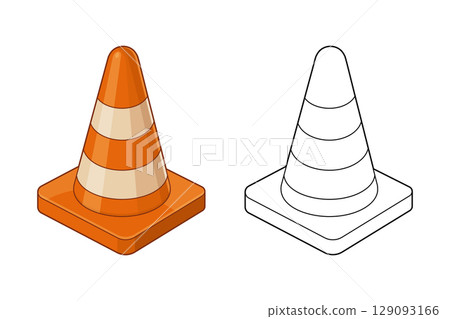 Orange traffic cone with stripes, alongside a line art cone illustration 129093166