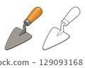 Cartoon illustration of construction trowel, one colored and one in line art. 129093168