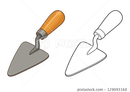 Cartoon illustration of construction trowel, one colored and one in line art. 129093168