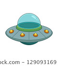 Cartoonish illustration of a blue and grey UFO with yellow lights. 129093169