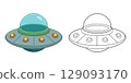 Cartoon UFO: A whimsical space visit in color and black and white outlines 129093170