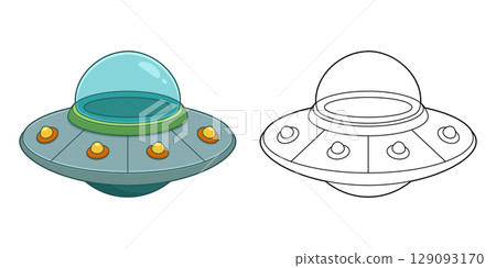 Cartoon UFO: A whimsical space visit in color and black and white outlines 129093170