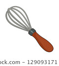 A kitchen essential: a whisk with a wooden handle and metal loops for mixing. 129093171