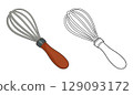 Cartoon image featuring a whisk with gray metal and wooden handle design. 129093172