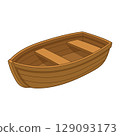 A wooden rowboat sits, waiting for its next voyage across calm waters, promising adventure and relaxation. 129093173