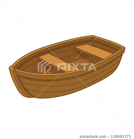 A wooden rowboat sits, waiting for its next voyage across calm waters, promising adventure and relaxation. 129093173