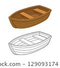 Two depictions of a small rowboat, one colored in brown and the other as an outlined drawing. 129093174
