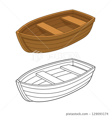 Two depictions of a small rowboat, one colored in brown and the other as an outlined drawing. 129093174