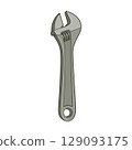 A gray adjustable wrench tool isolated on white backdrop.  Cartoon drawing. 129093175