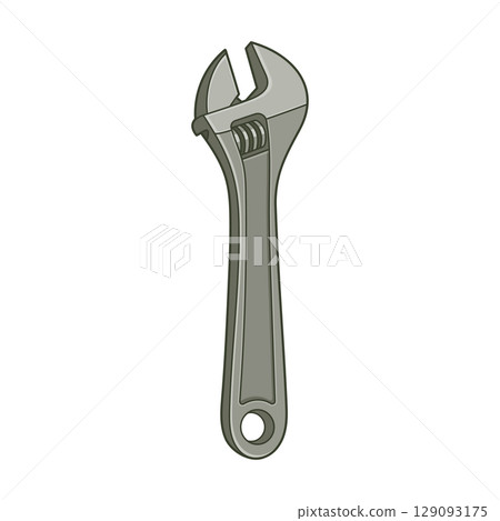 A gray adjustable wrench tool isolated on white backdrop. Cartoon drawing. A gray adjustable wrench tool isolated on white backdrop. Cartoon drawing. 129093175