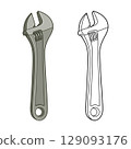 Illustration showcasing both colored and line art versions of an adjustable wrench 129093176