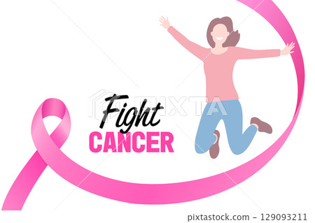Pink ribbon symbol with happiness woman. Pink ribbon symbol with happiness woman. 129093211