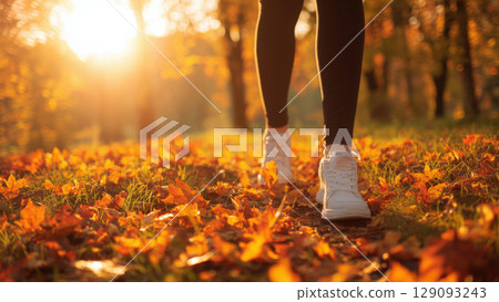 Person strolls on a leaf trail, created with AI 129093243