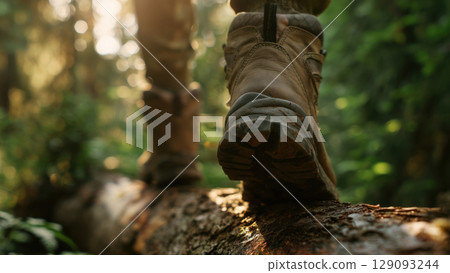 Boots on a log in a bright forest, created with AI 129093244