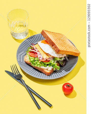 Club sandwich with egg, bacon, cheese, tomatoes, lettuce and sauce in a plate on a yellow background Club sandwich with egg, bacon, cheese, tomatoes, lettuce and sauce in a plate on a yellow background 129093302