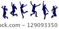 Silhouettes of men and women jumping and expressing joy 129093350
