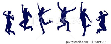 Silhouettes of men and women jumping and expressing joy 129093350