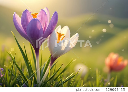 spring snowdrop flowers blooming in garden 129093435