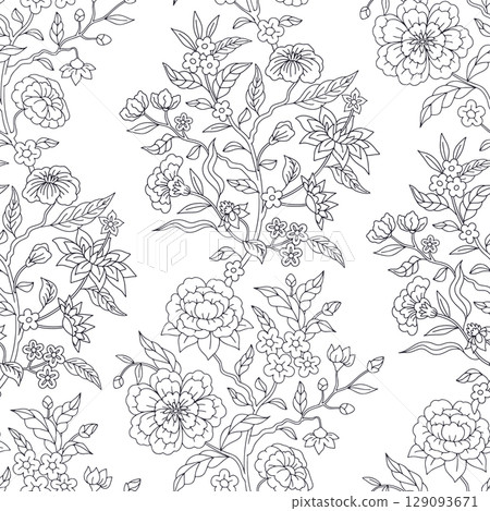 Black and white Jacobean seamless pattern with hand drawn flowers and leaves on white background. Boho floral repeat wallpaper 129093671