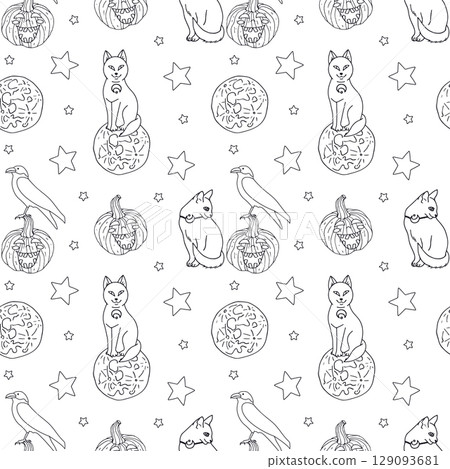 Seamless pattern with cute hand drawn monochrome Halloween witchy black cats Seamless pattern with cute hand drawn monochrome Halloween witchy black cats 129093681