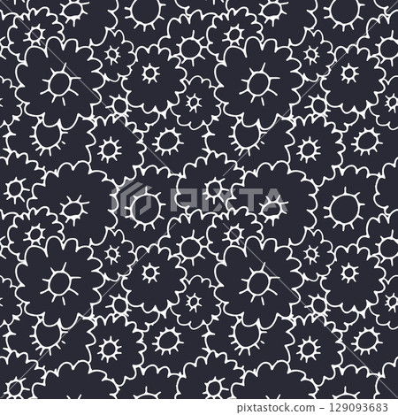 Monochrome black and white ditsy floral seamless pattern. Hand drawn vintage backdrop with tiny daisy flowers. Cottagecore texture 129093683