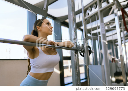 attractive fitness woman, trained female body, lifestyle portrait, caucasian model attractive fitness woman, trained female body, lifestyle portrait, caucasian model 129093773