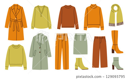 Autumn clothes simple set. Women fashionable outfits for autumn and spring, trendy fashionable store. Vector flat illustration. Coats, boots, sweaters and trousers. 129093795