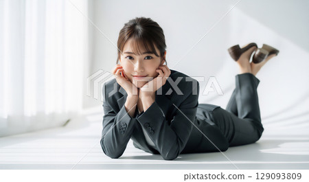 Portrait of a woman showing off her smart business style in a bright room with natural light 129093809