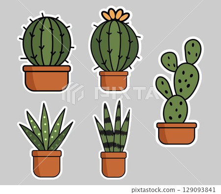 Collection of cute stylized cactus and succulent plants in terracotta pots. Suitable for stickers, icons, or graphic elements related to desert plants, houseplants, gardening, or botanical themes Collection of cute stylized cactus and succulent plants in terracotta pots. Suitable for stickers, icons, or graphic elements related to desert plants, houseplants, gardening, or botanical themes 129093841