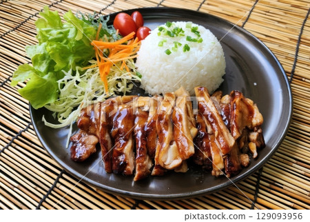 Teriyaki Chicken with Rice and Salad 129093956