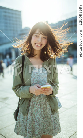 Smiling woman with her hair blowing in the wind, holding a mobile phone/smartphone | A refreshing moment in the city surrounded by light 129093995