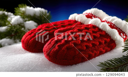 A pair of bright red mittens on a snowy, festive winter scene. A pair of bright red mittens on a snowy, festive winter scene. 129094043