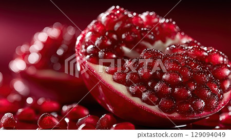 Vibrant close-up of a ripe pomegranate, showcasing its juicy, red seeds. 129094049