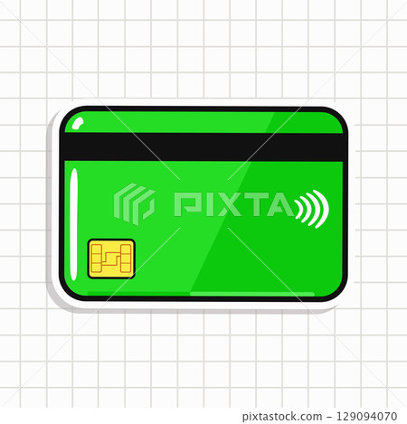 A vibrant green credit card with contactless payment symbol, ideal for digital transactions. 129094070