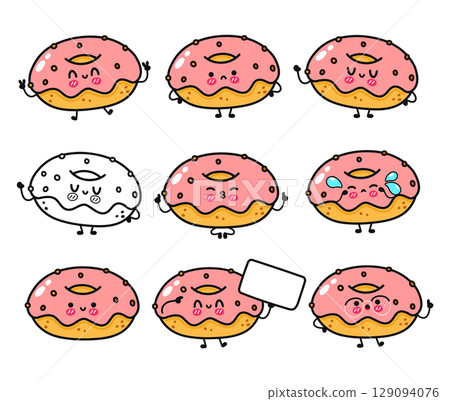 Adorable cartoon donuts showcasing a range of cute, happy, and expressive faces. 129094076