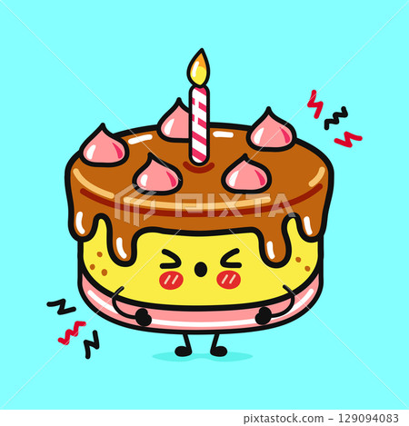 A happy cartoon birthday cake with a lit candle and cheerful expression. A happy cartoon birthday cake with a lit candle and cheerful expression. 129094083