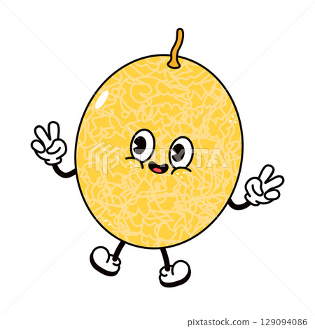 This cheerful cantaloupe character is happy and giving a peace sign to the viewer, perfect for a cute design 129094086