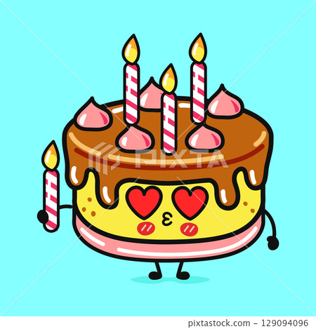 Adorable cartoon birthday cake with candles and a happy face Adorable cartoon birthday cake with candles and a happy face 129094096