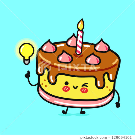 Adorable cartoon cake with a candle, winking with a lightbulb idea. Adorable cartoon cake with a candle, winking with a lightbulb idea. 129094101